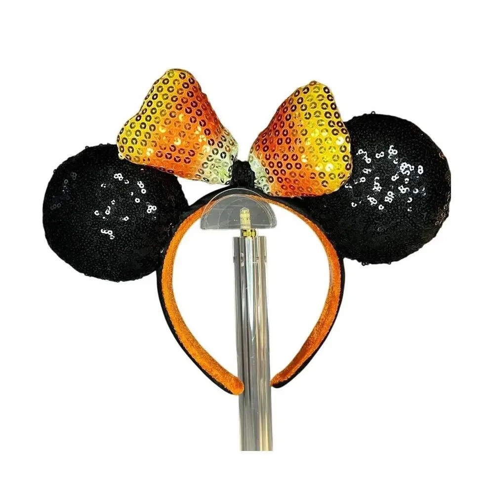 Disney Candy Corn Sequin Mouse Ears Headband Halloween Black Orange Bow